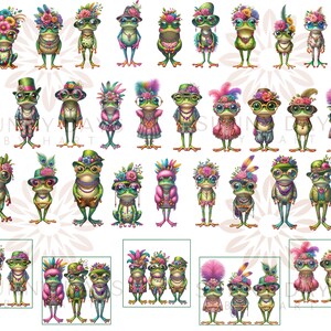 May include: A digital illustration featuring 25 frogs adorned in a variety of colourful outfits and accessories. Each frog is sporting glasses and a unique hairstyle. Some frogs are wearing hats, flowers, and jewellery. The frogs are all standing against a white background.