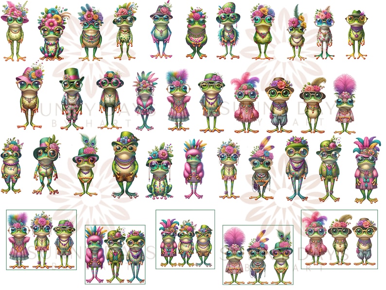 May include: A digital illustration featuring 25 frogs adorned in a variety of colourful outfits and accessories. Each frog is sporting glasses and a unique hairstyle. Some frogs are wearing hats, flowers, and jewellery. The frogs are all standing against a white background.