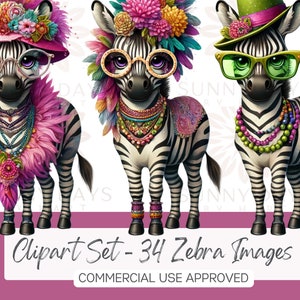 Puede incluir: Tres ilustraciones de cebras con accesorios coloridos. Cada cebra lleva un sombrero, gafas y collares diferentes. La cebra de la izquierda lleva un sombrero rosa, la cebra del centro lleva una corona de flores y la cebra de la derecha lleva un sombrero verde.