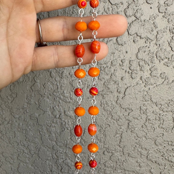 Tangerine Twist, Red Orange Yellow 8mm Glass beads, 6mm wood beads, Barrel Blown Glass Beads Beaded Chain Rosary