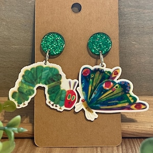 Teacher Earrings, Book Character Earrings, Librarian gift, Hungry Caterpillar, Eric Carle inspired
