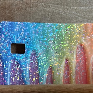 Bonita funda para tarjeta de crédito, calcomanía, cubierta de vinilo, glaseado goteando, holográfica, cubierta con brillantina para tarjeta de débito/crédito/regalo.