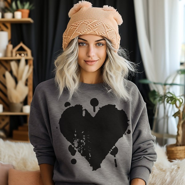 Black Grunge Heart Sweatshirt, Big Heart design ,Cool Shirt, Trendy Oversized Sweatshirt, Bold Statement, Sunday Shirt,  Romantic Gift .