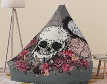 Gothic Rose Skull Bean Bag Chair,Romantic Skull and Roses Chair Cover,Cozy Lounge Essentials,Soft Goth Lover Gift,Gift for Girlfriend.