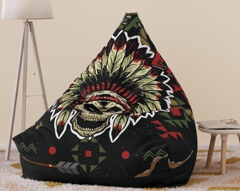 Big Chief ERA Bean Bag Chair Cover ,Skull Head Western Indian Feather Hat Bean Bag Cover,Wild West Lounge Essentials,Gift for Him and Her.