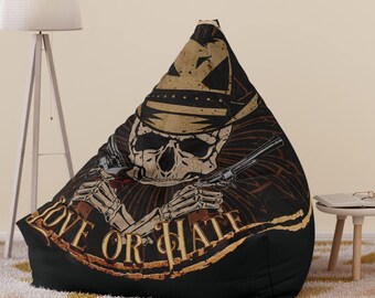 Western Skull Bean Bag Chair Cover,Love or Hate Chair Cover,Playroom Wild West Accent,Skull Lover Gift,Caveman Essential,Gift for Him.