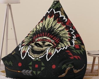 Big Chief ERA Bean Bag Chair Cover ,Skull Head Western Indian Feather Hat Bean Bag Cover,Wild West Lounge Essentials,Gift for Him and Her.