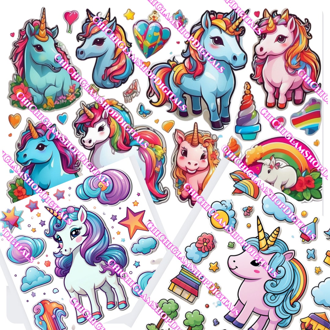 Colorful Unicorn Stickers, Printable Stickers, Digital Unicorn Sticker ...