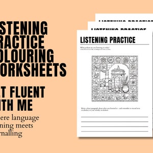 Könnte beinhalten: Schwarzweißes druckbares Malblatt mit dem Text "Listening Practice Coloring Worksheets Get Fluent With Me Where language learning meets journalling" und einer detaillierten Illustration eines Gebäudes mit einem dekorativen Rand.