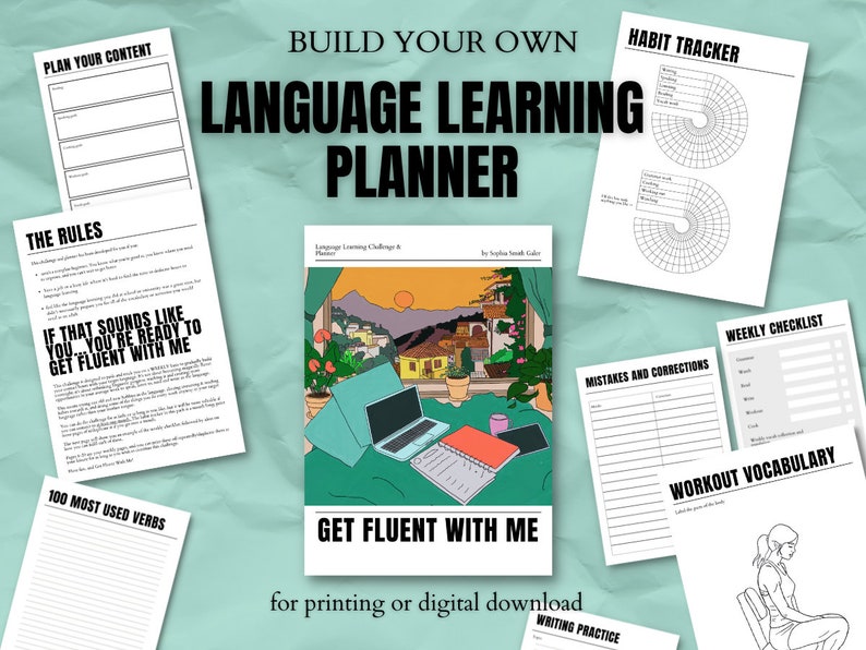 Language Learning Planner and Challenge Get Fluent With Me Study Journal To Print or Digital Download image 1