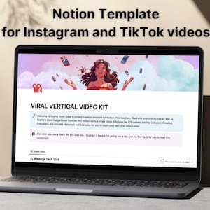 Puede incluir: Una computadora portátil muestra una plantilla de Notion para videos de Instagram y TikTok. La pantalla muestra "VIRAL VERTICAL VIDEO KIT" con texto sobre consejos de creación de contenido y el método ICE. El banner superior dice "Notion Template for Instagram and TikTok videos."