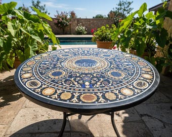 Handcrafted Black Marble Coffee Table Top – Floral Inlay Stone Accent