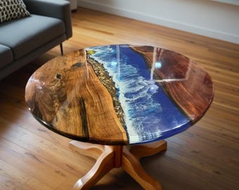 Handmade Round Ocean Wave Epoxy Tabletop: Natural Wood Coffee Table