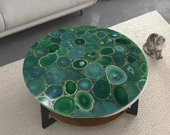 Handmade Green Agate Coffee Table Top: Round Gemstone Furniture