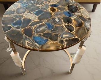 Wild Agate Round Coffee Table Top, Handmade Stone Interior