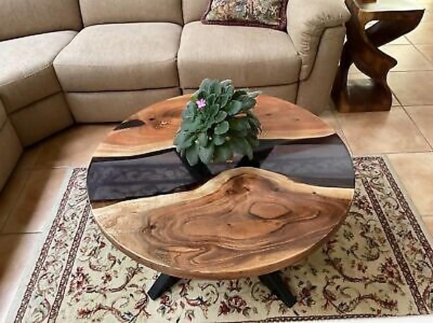 Smokey Black Epoxy Round Table Top – Live Edge Walnut & Acacia Wood Coffee Table, Handmade Resin Center Table for Living Room Decor