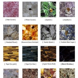 May include: A collage of 12 different quartz stone samples, each with a unique color and pattern. The samples include pink crystal, white crystal, epidote, amethyst, petrified wood, baematoid quartz backlight, smoky quartz, sodalite blue jasper, tiger eye gold, tiger eye blue, agata striata red, and black obsidian.