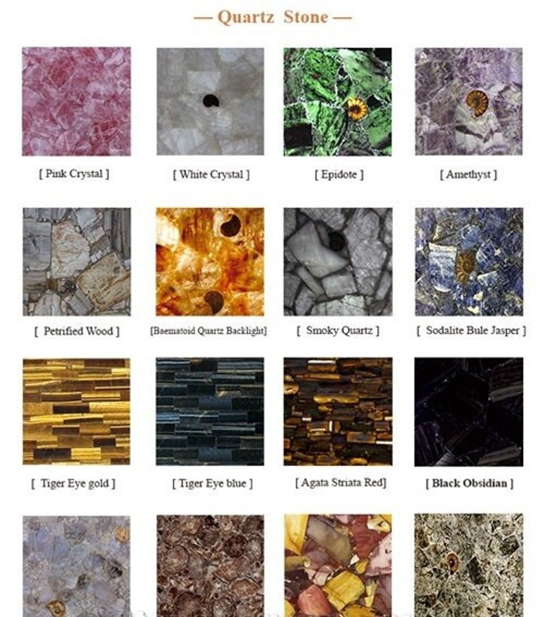 May include: A collage of 12 different quartz stone samples, each with a unique color and pattern. The samples include pink crystal, white crystal, epidote, amethyst, petrified wood, baematoid quartz backlight, smoky quartz, sodalite blue jasper, tiger eye gold, tiger eye blue, agata striata red, and black obsidian.
