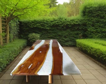 Tablero de mesa de río de epoxi blanco hecho a mano: mesa de comedor de madera con borde natural