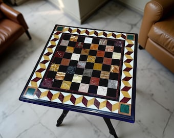 Handcrafted Black Marble Chess Table with Lapis Lazuli Inlay - 15" Square