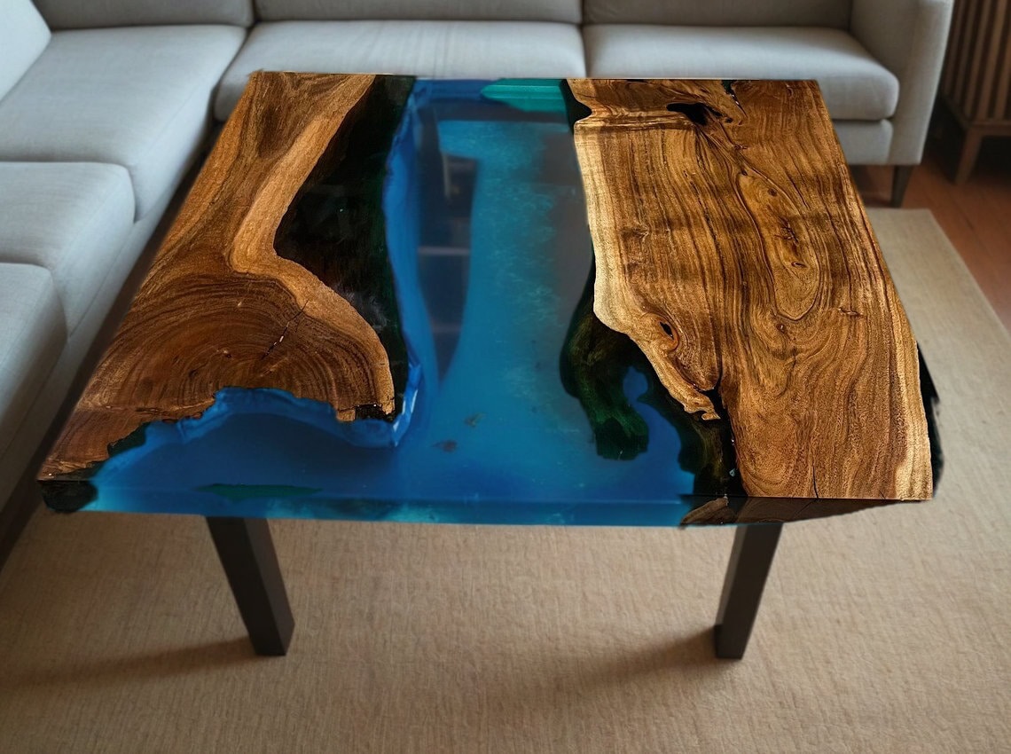 Luxury Blue Resin Square Coffee Table Wooden Resin Table, Epoxy Center Table, Handmade Natural Wooden Kitchen Side Sofa Table Top Décor