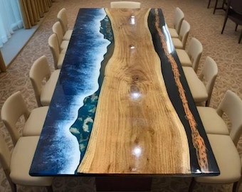 Blue Ocean Wave Epoxy Resin Dining Table: Live Edge Wood Countertop