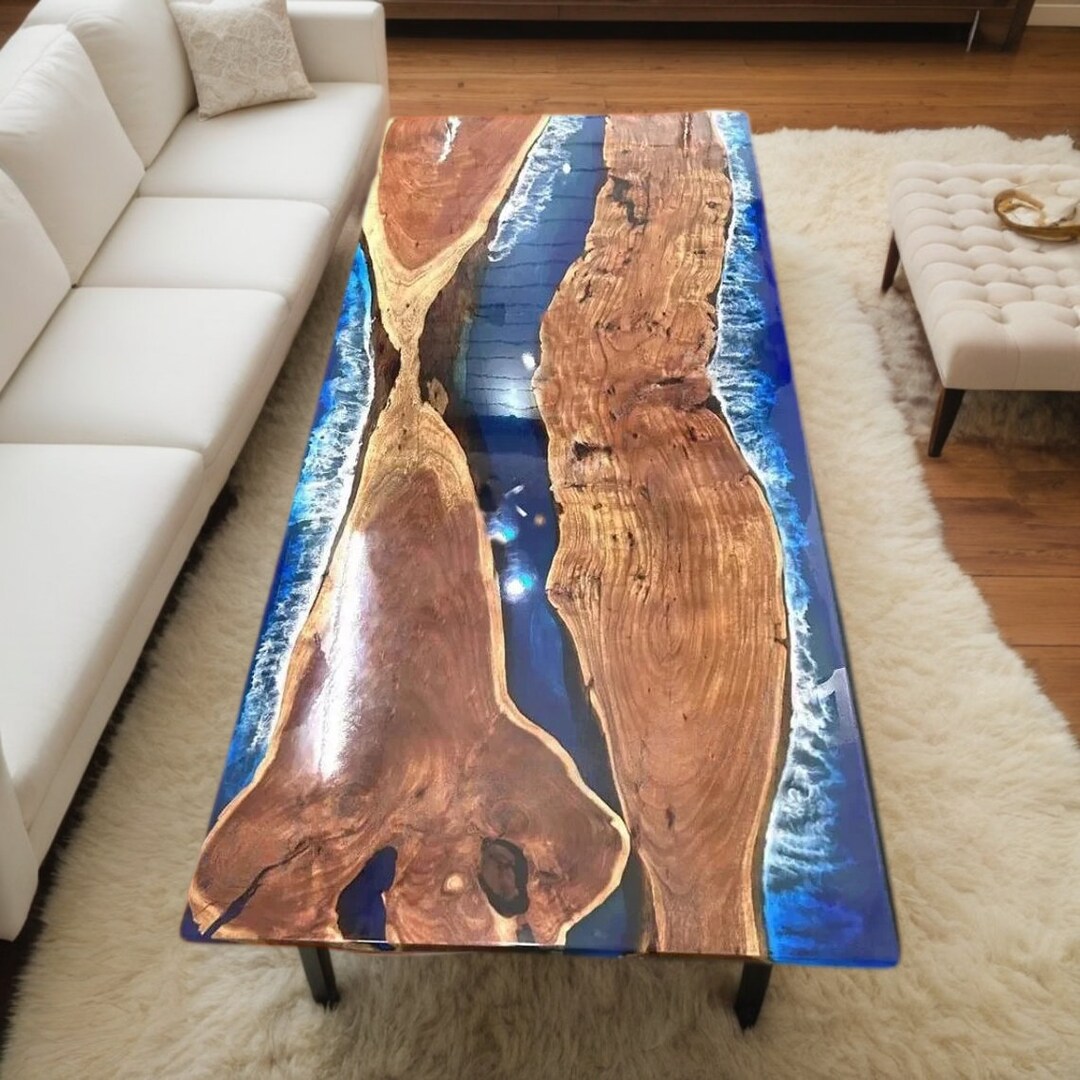 Handmade Epoxy Resin River Dining Table: Blue Ocean Wood Art - Etsy