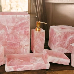 Rose Quartz Bathroom Set / Bathroom Accessories set / Handcrafted Pink soap dispenser / bathroom set / SALE