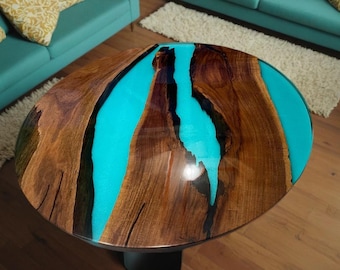 Luxury Blue Resin Round Coffee Table Wooden Resin Table, Epoxy Center Table, Handmade Natural Wooden Kitchen Side Sofa Table Top Décor Art