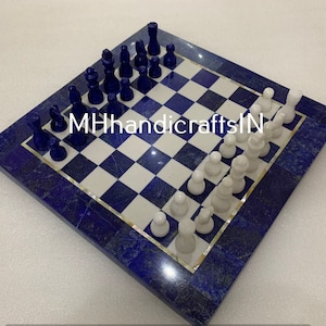 Blue Lapis Lazuli Stone Marble Chess Set With Lapis Chess Pieces Mosaic Inlay Stone Art Handmade Christmas Gift For Loves One