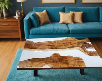Mesa de río de resina epoxi blanca hecha a mano, muebles modernos de mediados de siglo