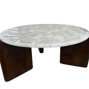 White Quartz Dining / Kitchen Table Top - Round Handmade Natural stones Tabletop Unique Home Office Interior Design