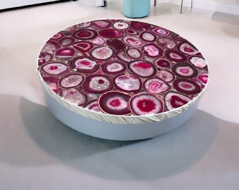 Handmade Round Pink Agate Table Top: Custom Gemstone Furniture