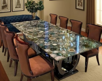 Mesa de comedor de ágata verde: escritorio de conferencias hecho a mano con piedras preciosas