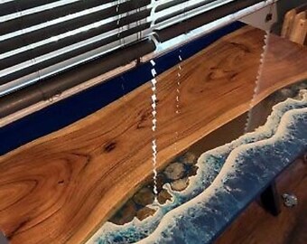 Ocean Wave Epoxy Resin Dining Table: Live Edge Oak, Modern Art