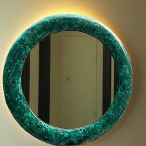 Round Green Malachite Mirror Random Work Mirror , Green Gemstone Inlay Mosaic Art Living Room Wall Mirror & Bathroom Handmade Decor Art