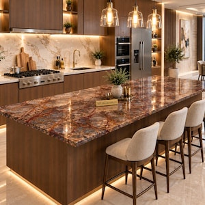 May include: A kitchen island featuring a polished, multi-colored stone countertop with deep red, brown, and blue veining. The island base is made of dark wood and is accompanied by three beige upholstered bar stools with wooden legs.
