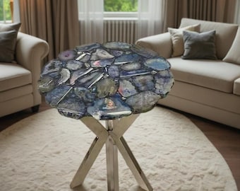 Elegant Blue Agate Stone Table Top, Round Sofa Table