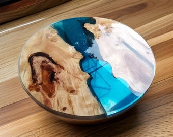 Handmade Epoxy Resin Coffee Table Top – Round Wood Table with Blue River