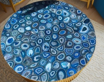 Handmade Blue Agate Stone Coffee Table Top: Luxury Furniture Decor
