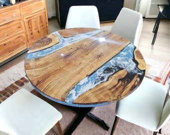 Custom Walnut Epoxy River Table: Round Live Edge Dining Tabletop