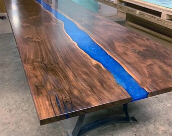Handcrafted Blue Epoxy Resin Dining Table with Walnut Accents