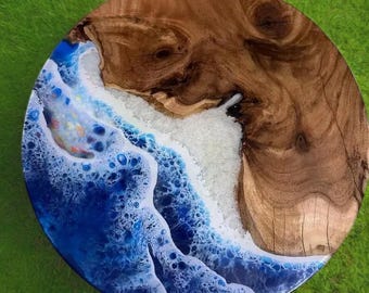 Handgemaakte Ocean Wave epoxy salontafelblad, live edge hout, ronde kunsthars