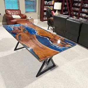 Wavy Blue River Epoxy Table Top with Acacia Wood | Dining/Coffee Table, Live Edge Wooden Table, (Customisable)