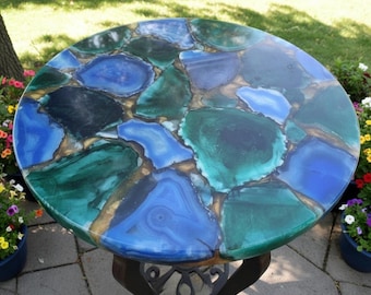 Tablero de mesa de ágata azul: losa de piedra natural, decoración del hogar hecha a mano