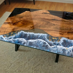 Ocean Wave Epoxy Resin Coffee Table – Handmade River Table with Natural Wood & Blue Water Design | Unique Living Room Furniture