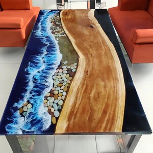 Personalized Blue Ocean Epoxy Resin Table, Customized Live Edge Epoxy Resin Dining Table Top, Dining Room Table, Living Room Table