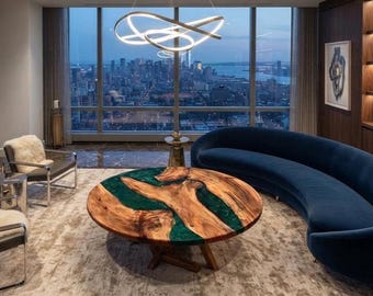 Round Green Epoxy Table Top: Natural Wood Sofa Table