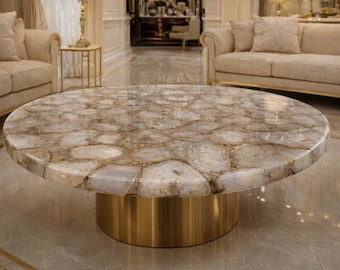 Handmade White Agate Round Table Top: Custom Stone Coffee Table