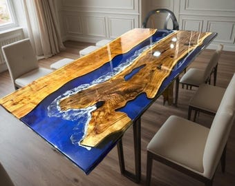 Mesa de comedor de borde vivo epoxi Ocean hecha a mano